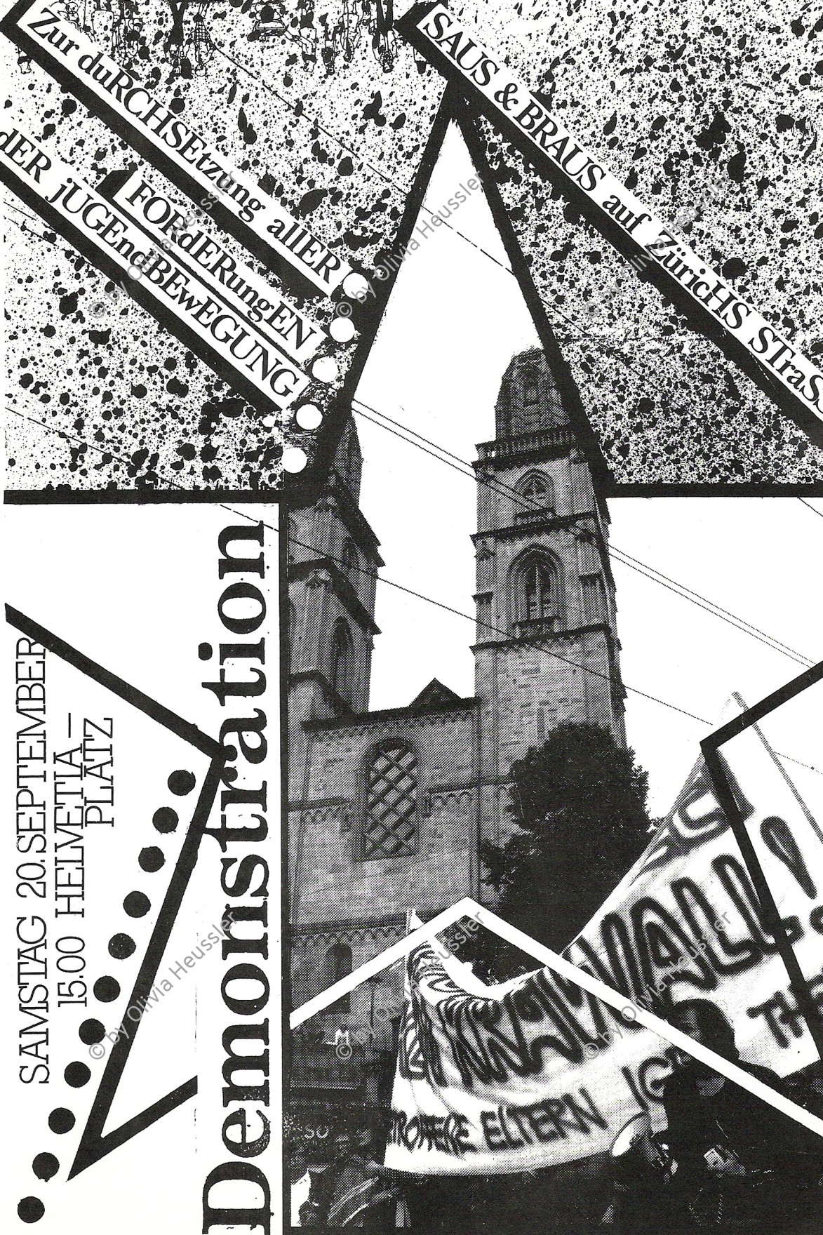 Image of sheet 19800191 photo 6: Protest flyer, graphic art and design by Roli Fischbacher, Zürich 1980.
unter Verwendung einer Fotografie von Olivia Heussler

Jugendbewegung Bewegig AJZ Zürcher Jugendunruhen Demonstrationen 
Press archive printed media published with the use of a photography by Olivia Heussler